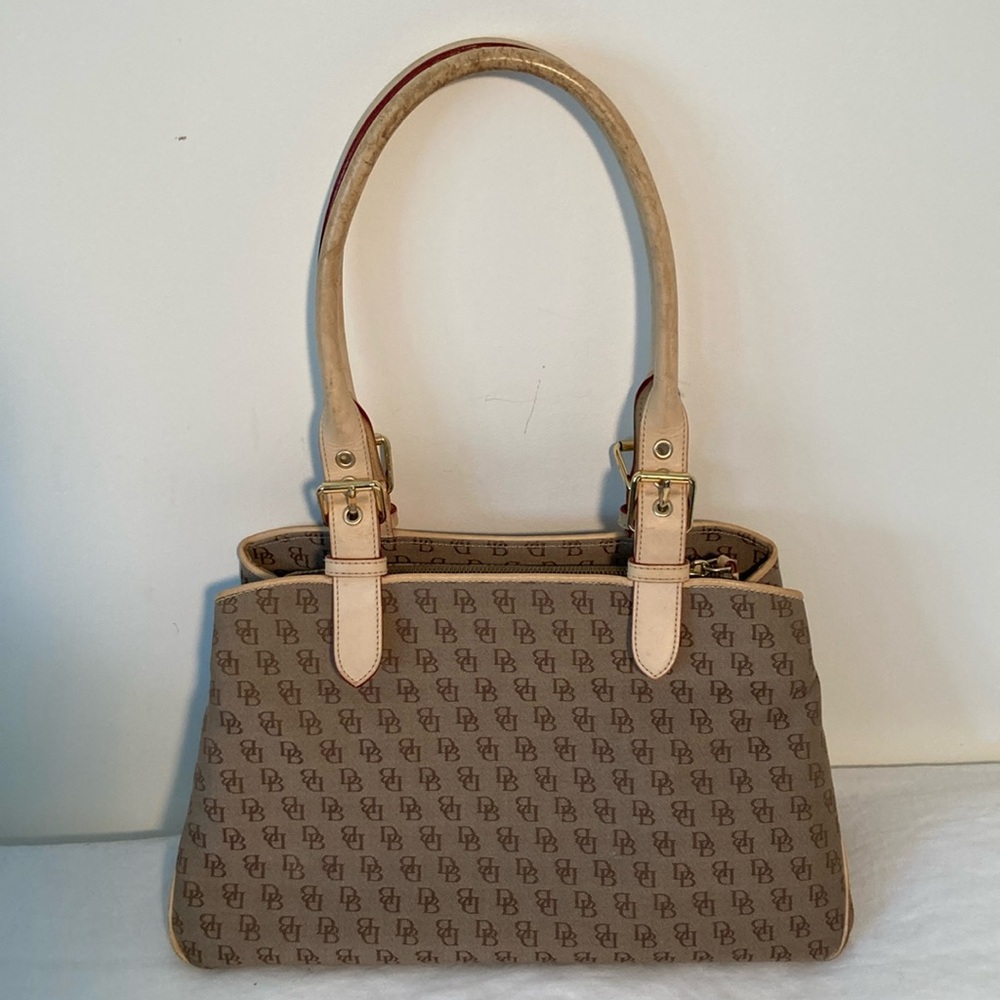 Dooney & Bourke Buckle satchel bag signature monogram tan brown